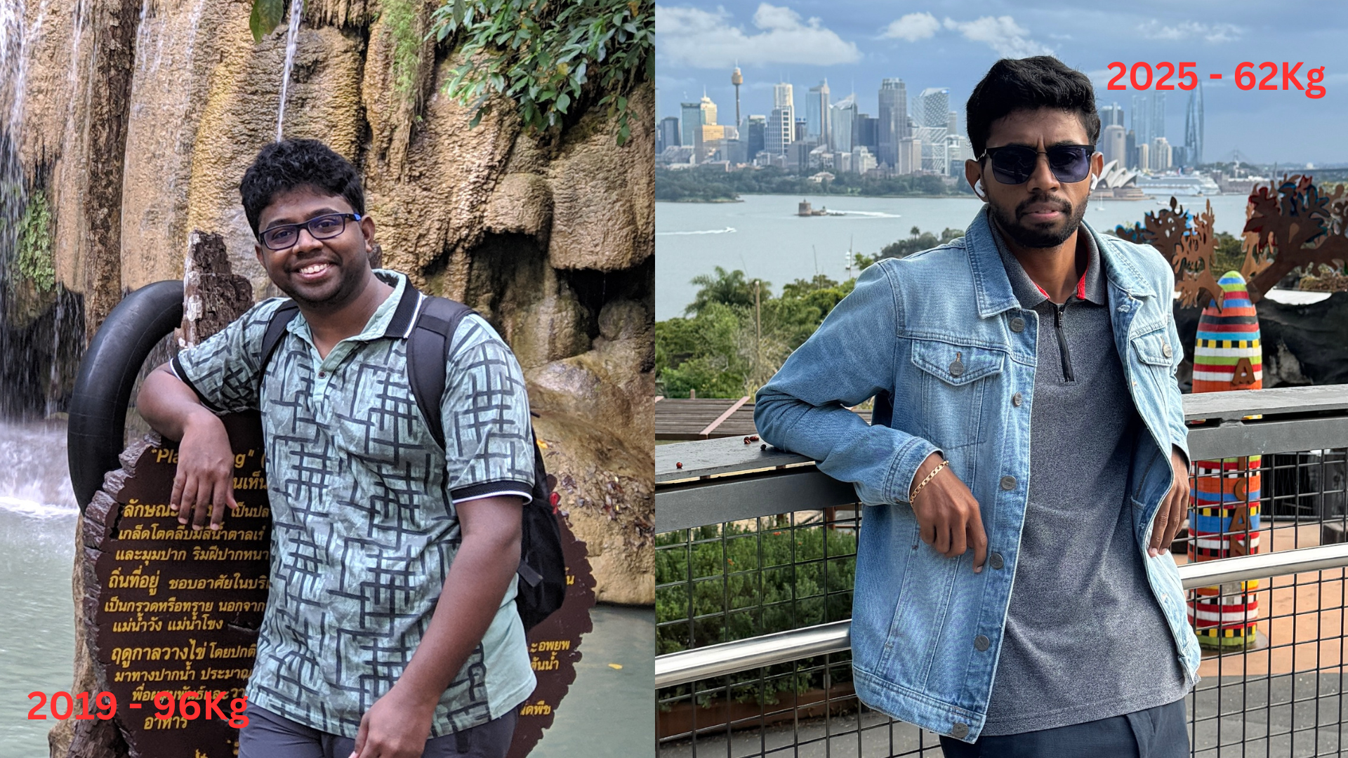 Raghu Ram in 2019 at 96 kg and in 2025 at 62–65 kg